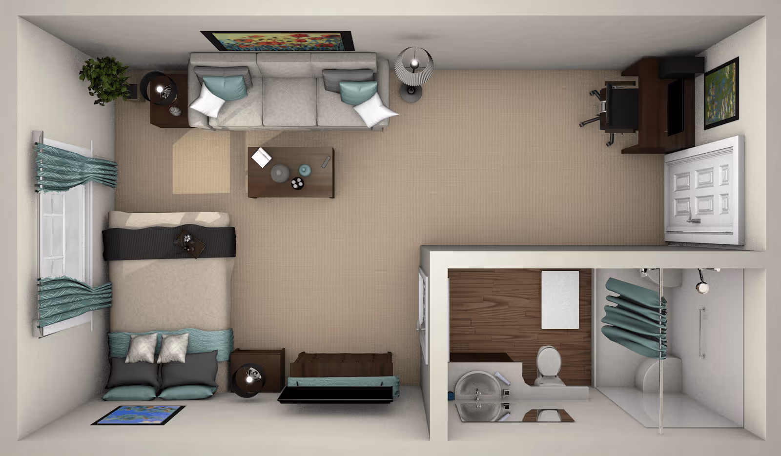 Top-down view of a senior living facility room featuring a bedroom area with a bed, pillows, and a window with curtains. Adjacent to the bed is a living area with a sofa, coffee table, side tables with lamps, a desk with a chair and computer, and framed artwork on the walls. There is also an attached bathroom with a toilet, sink, and shower.