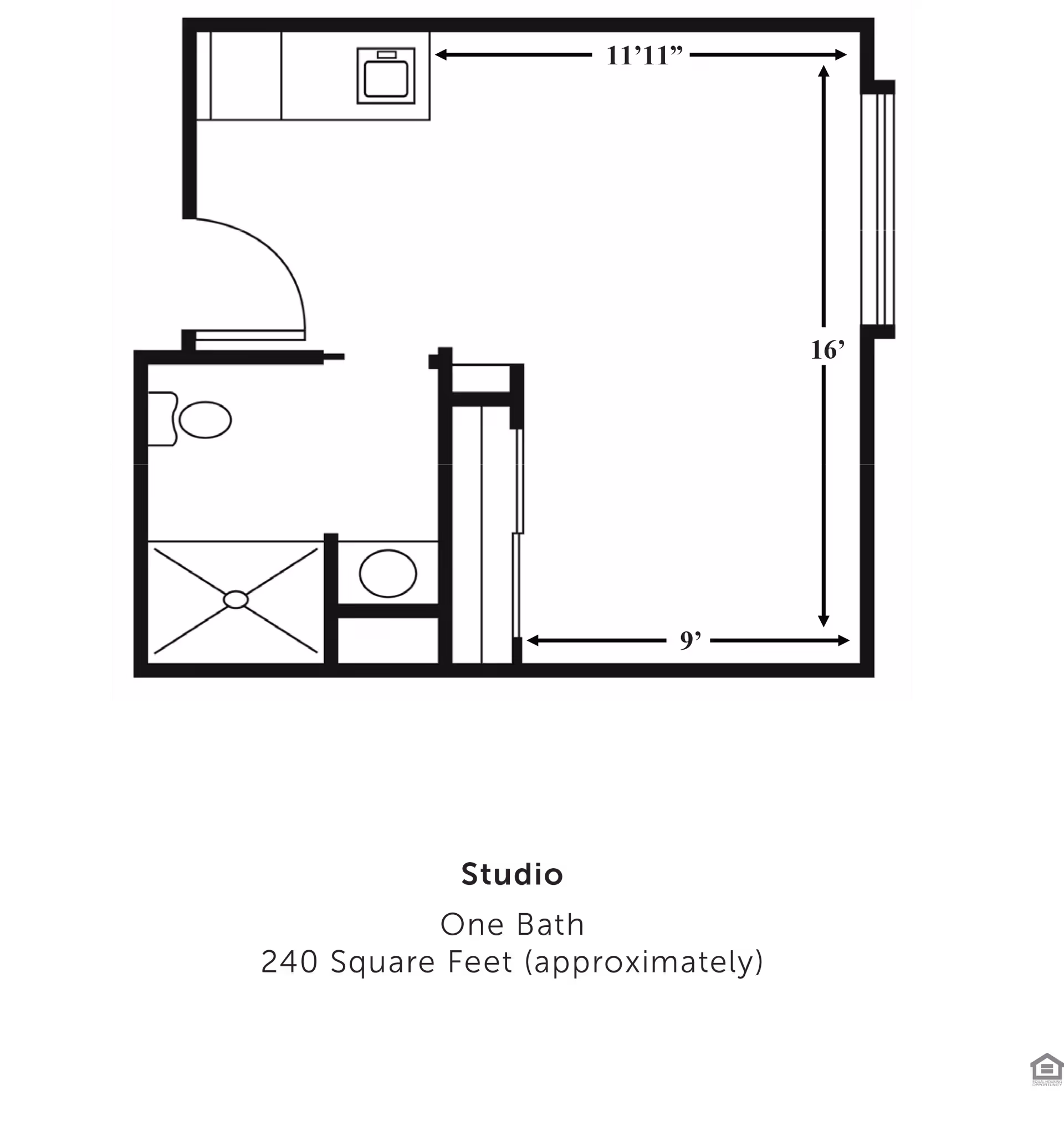 Black-and-white floor plan diagram of a studio apartment showing a kitchenette, bathroom with shower and toilet, closet, and room dimensions.