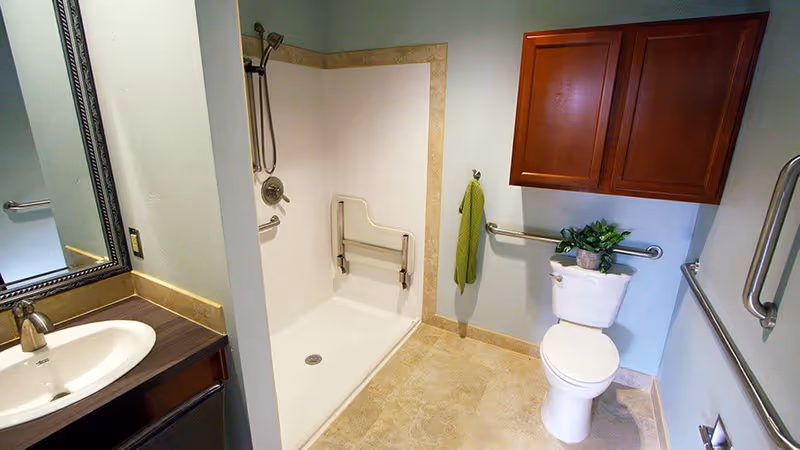 A clean and accessible bathroom featuring a walk-in shower with a fold-down seat and grab bars, a toilet with grab bars on both sides, a wooden cabinet mounted above the toilet, a green towel hanging on a hook, and a sink with a mirror above it.