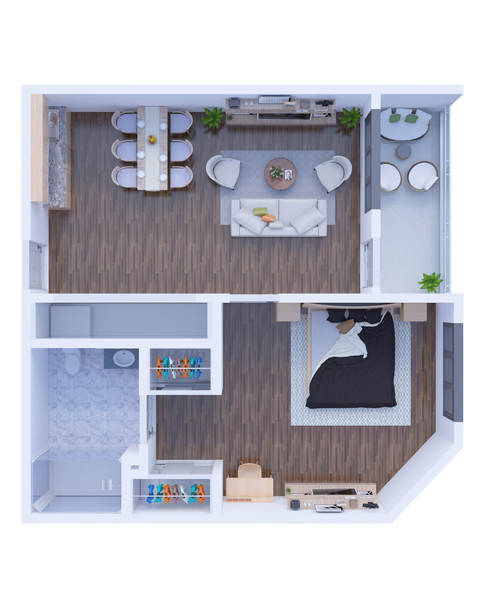 Top-down view of a one-bedroom apartment floor plan featuring a living room with sofa, two chairs, coffee table, and TV stand; a dining area with a table and six chairs; a kitchen area with a sink and countertop; a bedroom with a bed, nightstands, and a desk; a bathroom with a shower, toilet, and sink; and a small balcony with seating.
