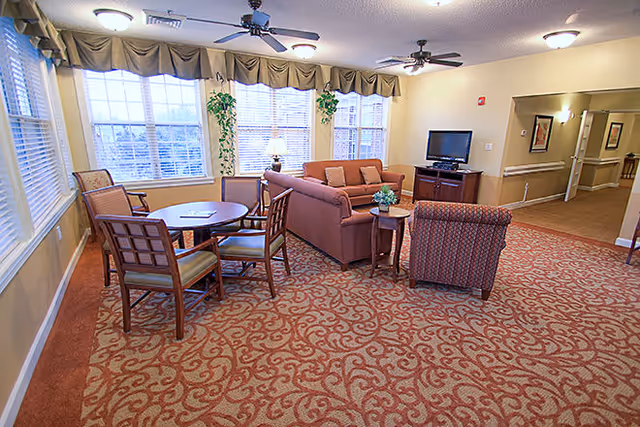 A cozy living room area with a patterned carpet, a round wooden table with four chairs, a sofa, an armchair, a side table with a plant, a television on a wooden stand, and large windows with valances letting in natural light.