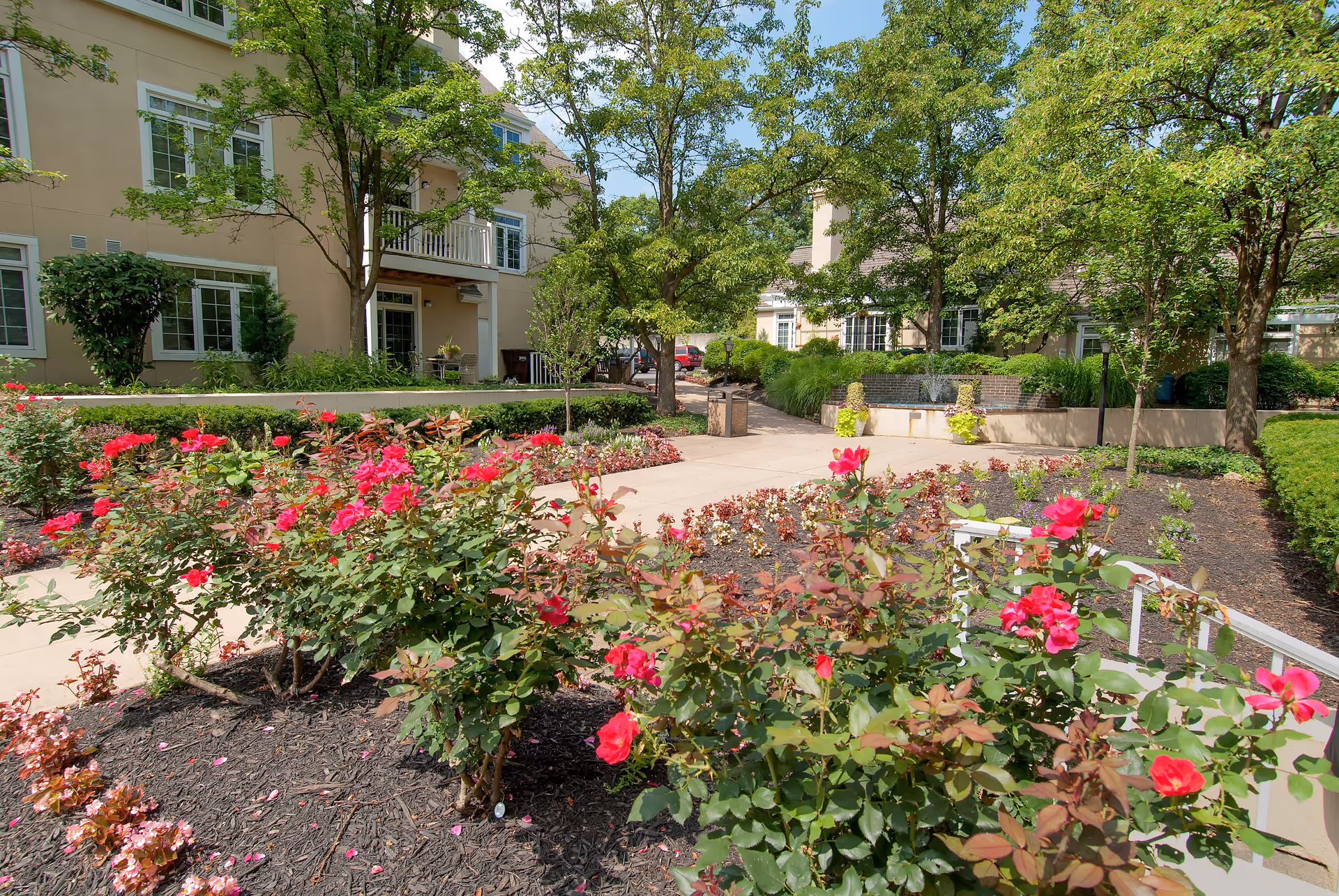 A landscaped outdoor garden area at Evergreen Retirement Community featuring blooming red and pink flowers, neatly trimmed bushes, several trees, and a paved walkway. Beige residential buildings with white-trimmed windows and balconies are visible in the background under a clear blue sky.