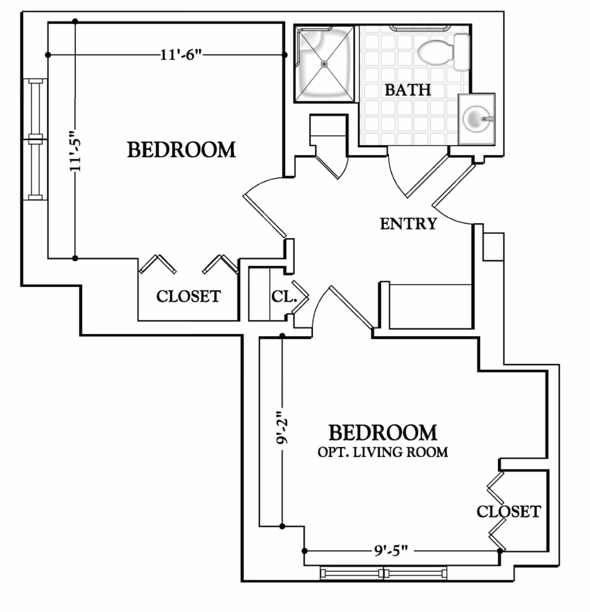 Floor plan layout showing two bedrooms, one labeled as optional living room, an entry area, a bathroom with shower, toilet, and sink, and closets in each bedroom.