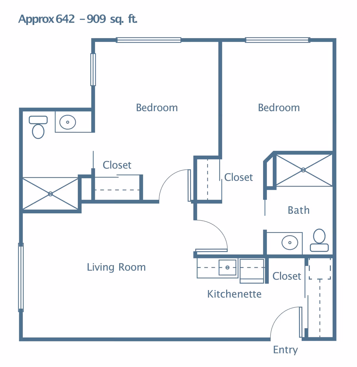 Floor plan of a residential unit showing two bedrooms, two bathrooms, a living room, a kitchenette, closets, and an entry area. The total area is approximately 642 to 909 square feet.