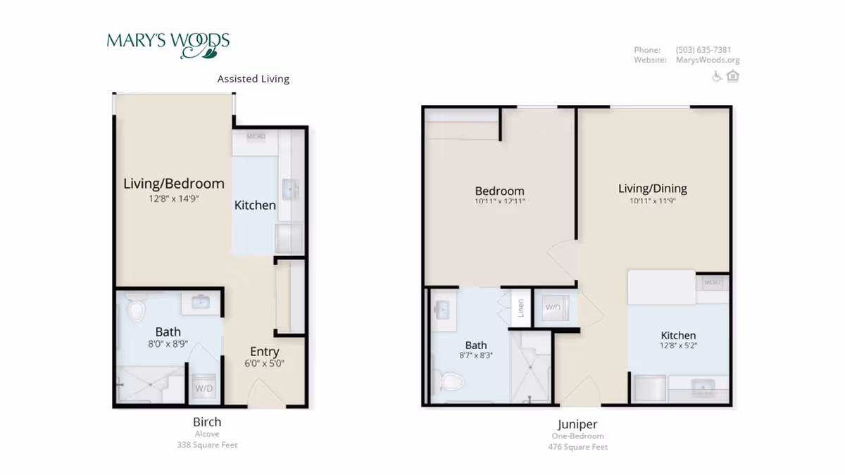Floor plans for two assisted living apartment layouts at Mary's Woods. The Birch alcove unit includes a living/bedroom area, kitchen, bath, and entry, totaling 338 square feet. The Juniper one-bedroom unit includes a bedroom, living/dining area, kitchen, bath, linen closet, and washer/dryer, totaling 476 square feet. Contact phone and website information are displayed at the top right.