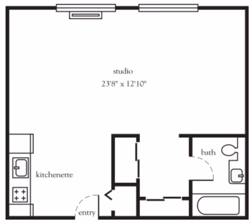 Floor plan of a studio apartment with dimensions 23 feet 8 inches by 12 feet 10 inches. The layout includes a kitchenette near the entry, a main studio living area, and a bathroom with a bathtub, toilet, and sink.