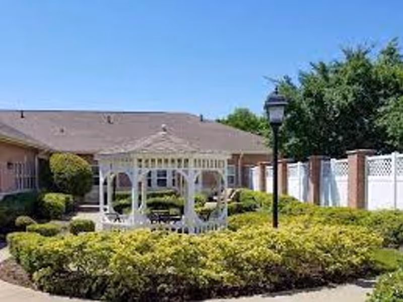 Outdoor courtyard with a white gazebo surrounded by trimmed hedges, a lamppost, and a single-story building under a clear blue sky.