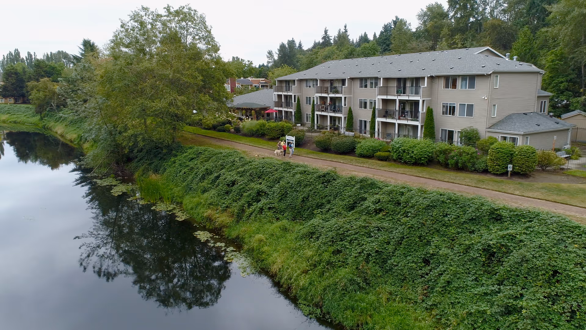 Aegis Living Redmond facility building next to a river with a walking path in front. Three people are walking along the path with two dogs. The building is surrounded by greenery and trees, with balconies visible on the upper floors.