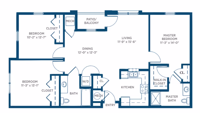 Architectural floor plan of a residential unit at Somerby St. Vincent’s One Nineteen showing three bedrooms, two bathrooms, a kitchen, dining area, living room, patio/balcony, closets, and mechanical spaces.