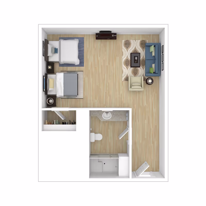 Top-down floor plan of a studio apartment featuring two beds, a living room seating area, closet, and a bathroom.