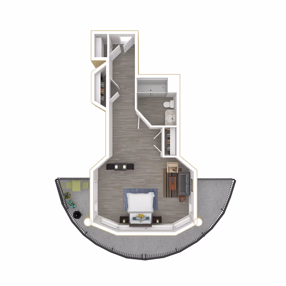 3D floor plan of a senior living apartment at Cypress Village featuring a bedroom area with a bed, nightstands, and a sitting area with a sofa and chair. The layout includes a bathroom with a shower, toilet, and sink, closets, and a curved balcony with outdoor seating and plants.