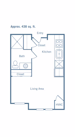 Floor plan of a 438 square foot living space including an entry, closet, kitchen with stove and sink, bath with toilet and sink, closet, living area, and HVAC closet.