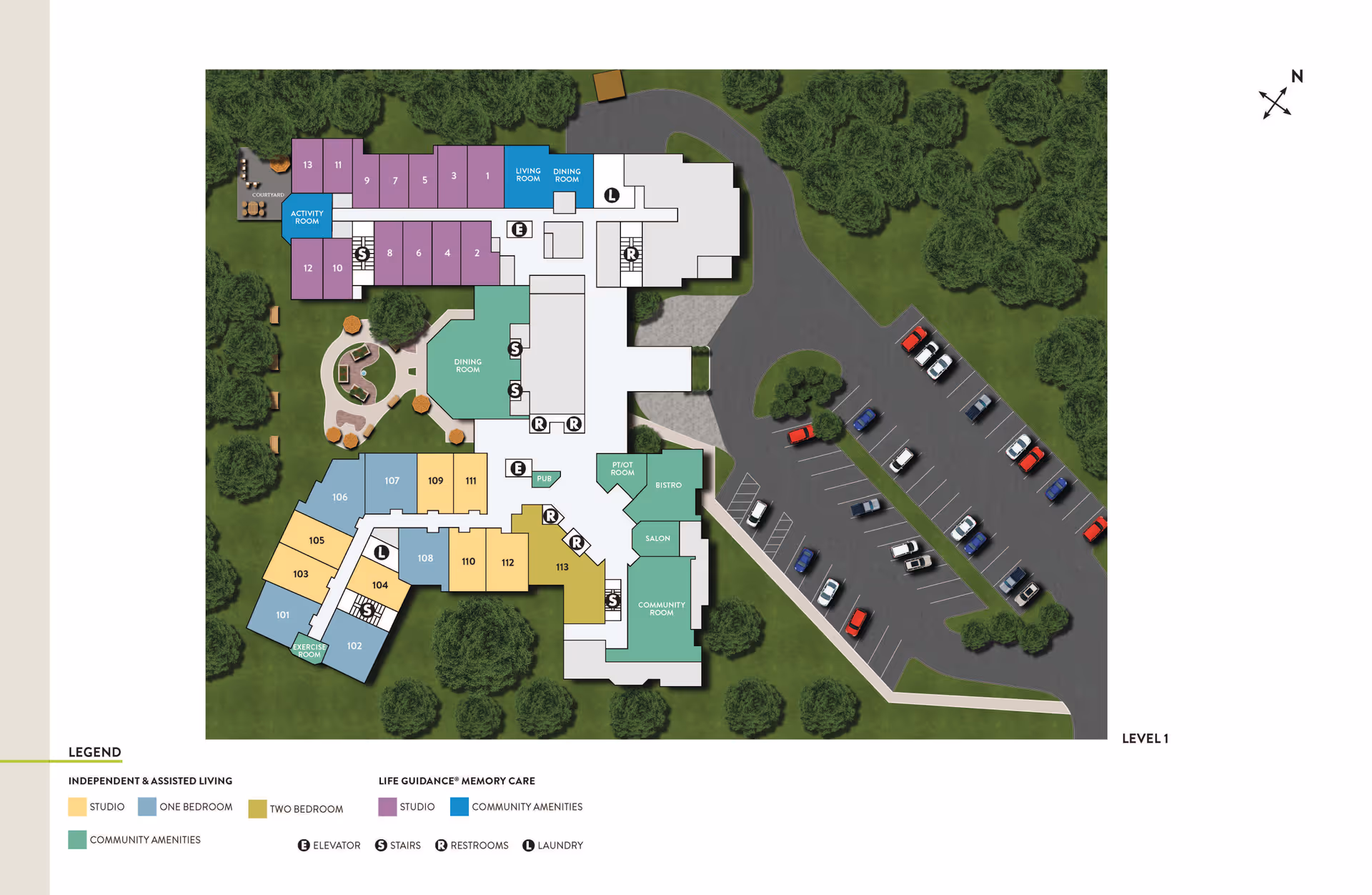 Floor plan of Atria Longmeadow Place showing different living areas including independent and assisted living with studio, one-bedroom, and two-bedroom units, life guidance memory care with community amenities, dining rooms, activity room, exercise room, pub, bistro, salon, community room, and parking lot with cars. The map includes a legend for unit types and symbols for elevator, stairs, restrooms, and laundry.
