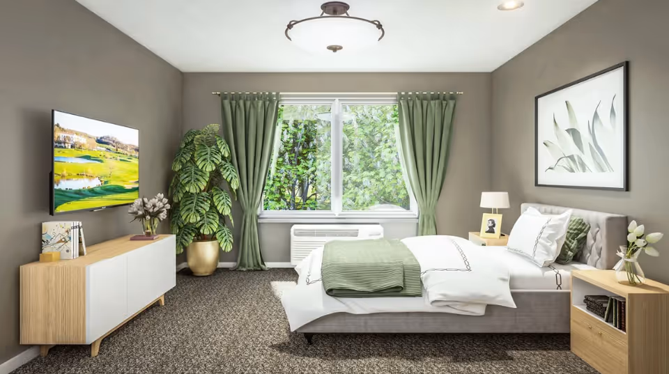 Bright furnished bedroom with a bed, bedside tables, wall-mounted TV, dresser, green curtains, and a potted plant by the window.