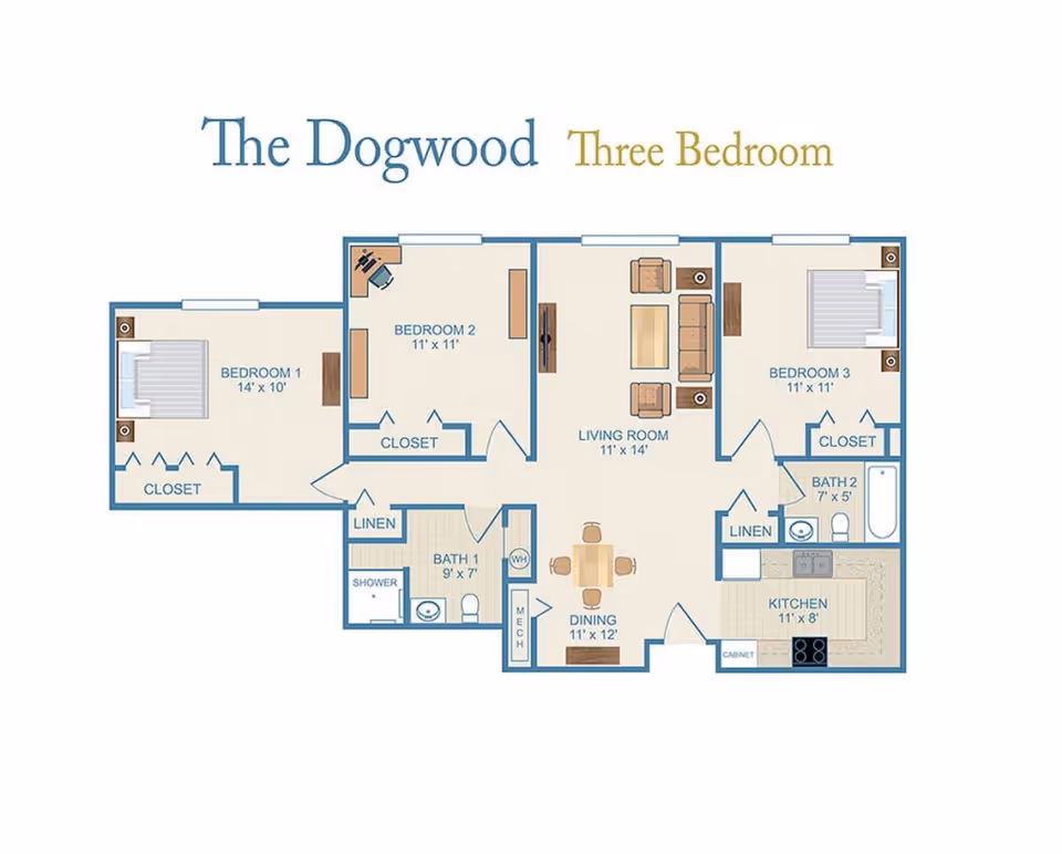 Floor plan titled The Dogwood Three Bedroom showing three bedrooms, two bathrooms, a living room, dining area, and kitchen with dimensions and furniture layout.