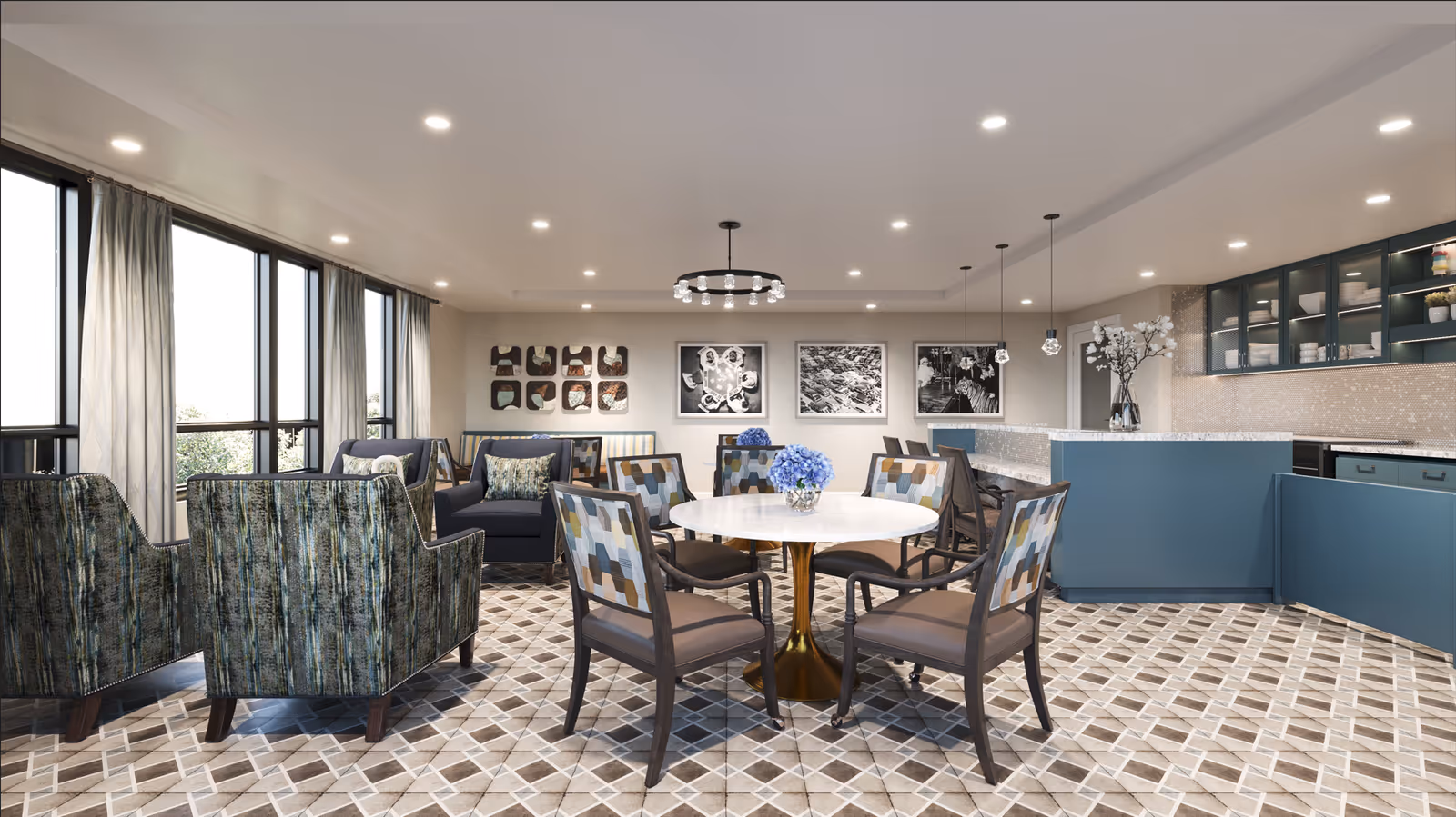 Spacious resident lounge and dining area with round table and large windows.