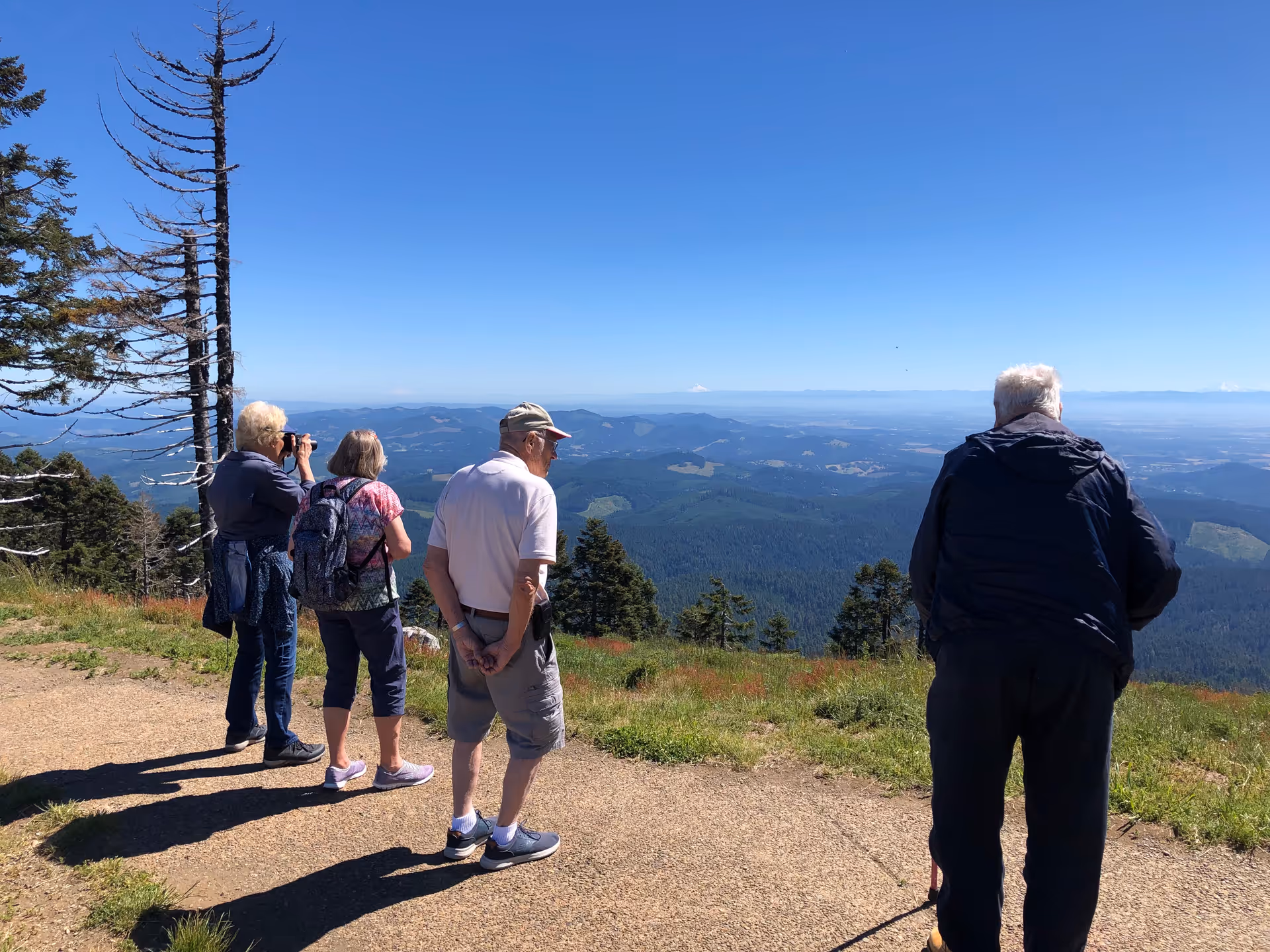 Four elderly people standing on a paved path overlooking a vast mountainous landscape under a clear blue sky. One person is taking a photo with a camera, while the others are looking out at the view. Trees and greenery surround the area.