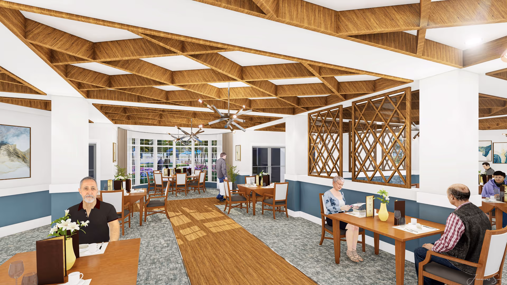 A spacious dining room with wooden tables and chairs, featuring a decorative wooden ceiling and partition. Several elderly people are seated at tables, some reading menus. Large windows at the far end let in natural light, and modern light fixtures hang from the ceiling.