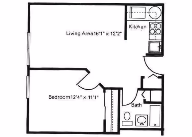 Floor plan of an assisted living unit at Majestic Care of Carmel Assisted Living showing a living area measuring 16 feet 1 inch by 12 feet 2 inches, a bedroom measuring 12 feet 4 inches by 11 feet 1 inch, a kitchen, and a bathroom with a toilet, sink, and bathtub.