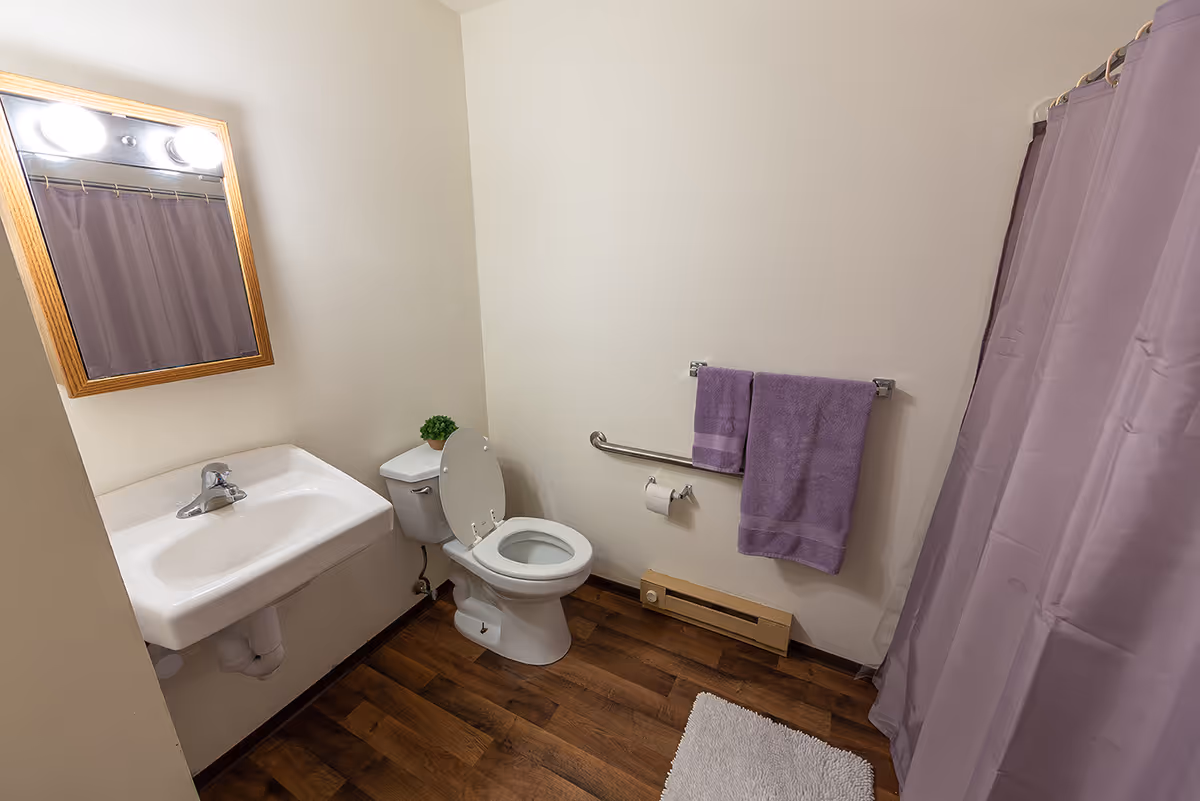 Small bathroom with a sink, toilet, purple shower curtain and towels, and a wall mirror.