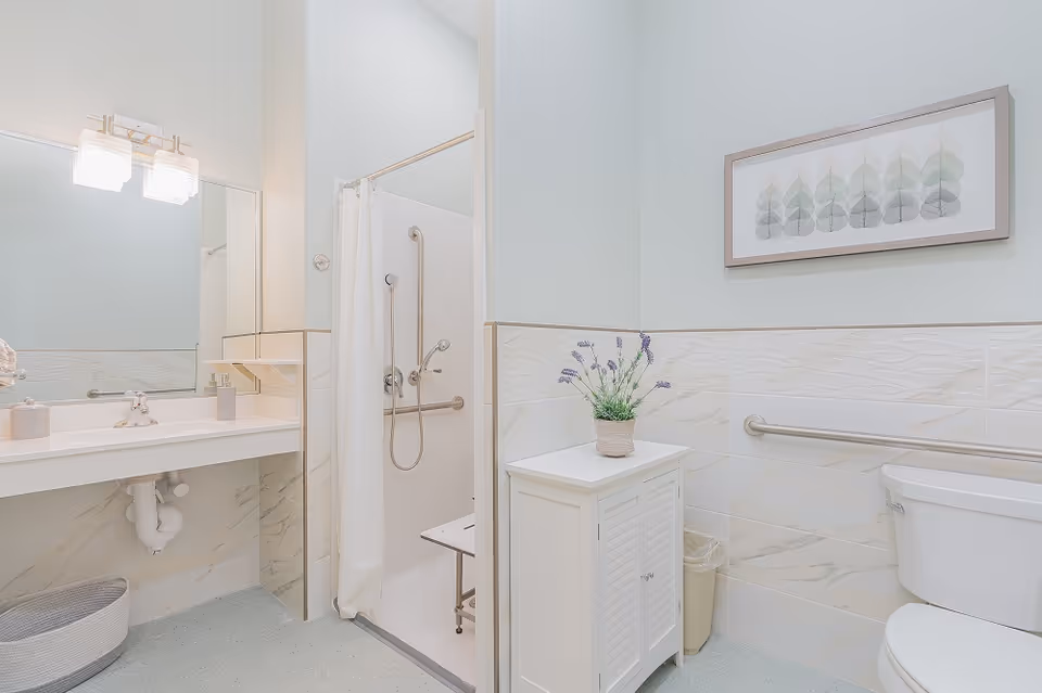 A clean and bright bathroom featuring a white sink with a large mirror and modern light fixture above it. There is a walk-in shower with grab bars and a shower chair, a white cabinet with a potted lavender plant on top, and a toilet with a grab bar on the wall. The walls have light-colored tiles with a wave pattern and a framed artwork above the cabinet.