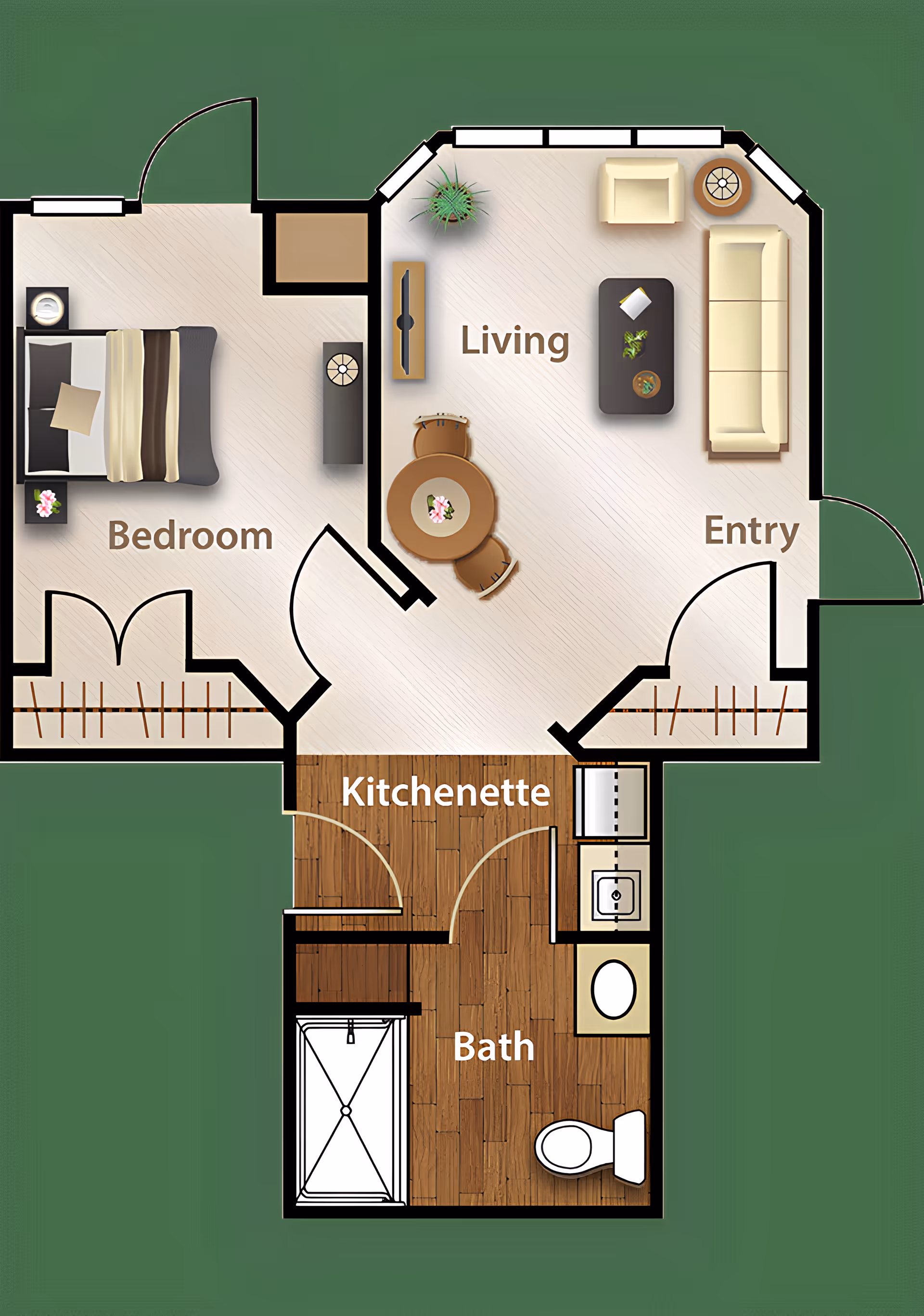 Top-down color floor plan of a one-bedroom senior living apartment showing a living area, bedroom, kitchenette, bath, and entry.