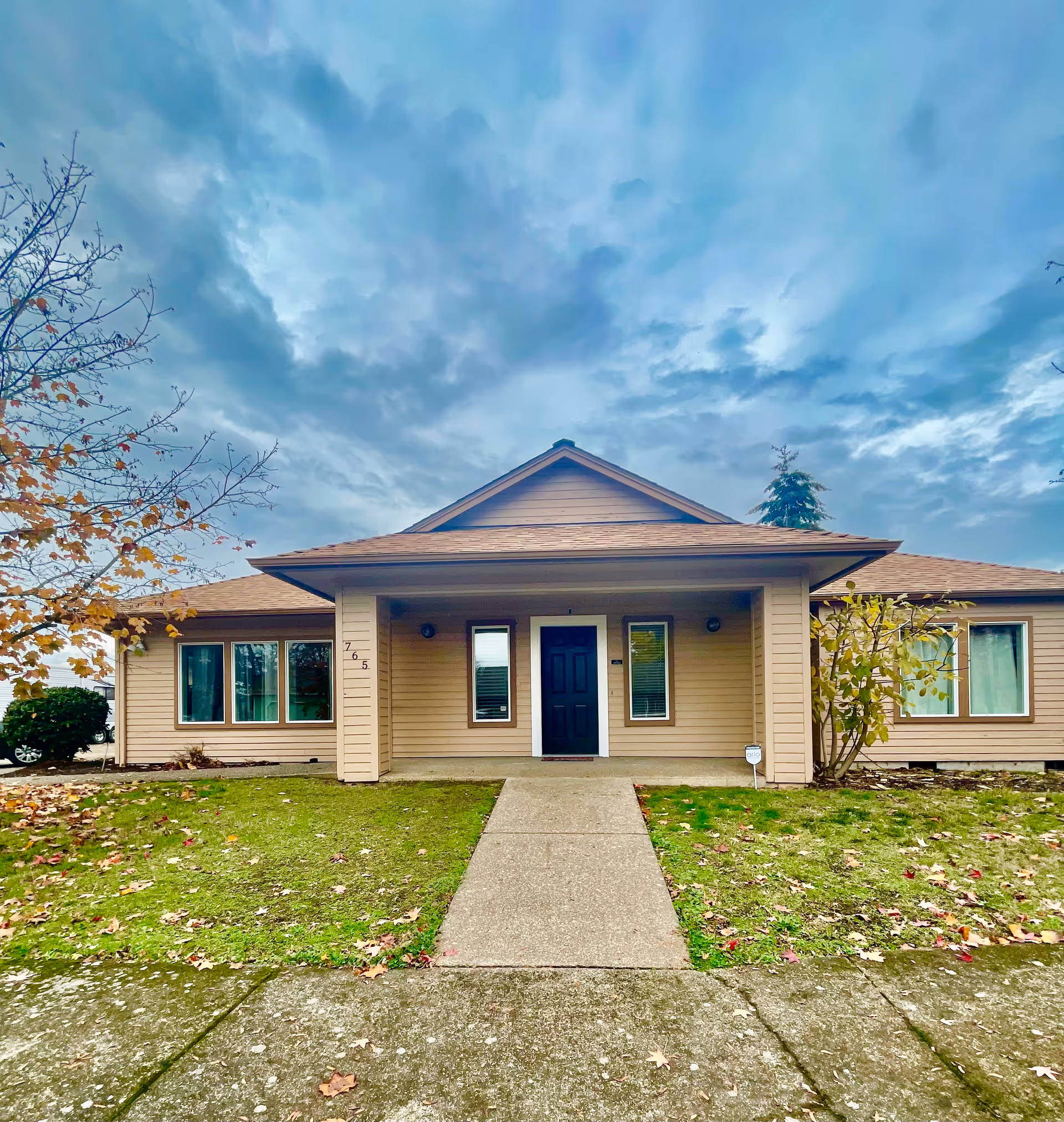 Front exterior of a single-story beige house with a centered black front door, concrete walkway, lawn with fallen leaves, and a cloudy sky overhead.