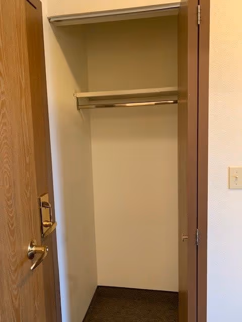 Open empty closet with a wooden door, a shelf and hanging rod inside.