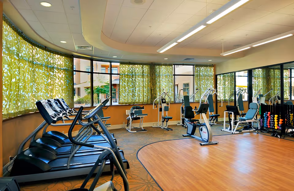 A well-lit fitness room with several treadmills, exercise bikes, weight machines, and a rack of colorful dumbbells. Large windows with green patterned curtains allow natural light to enter, and a large mirror covers one wall.