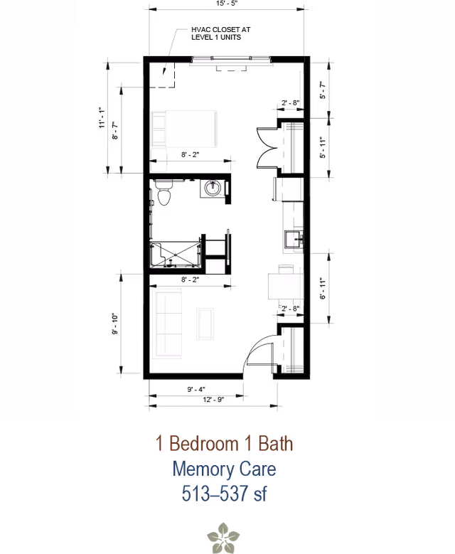 Architectural floor plan on a black background for a 1-bedroom, 1-bath memory care apartment showing furniture, fixtures, and dimensions.