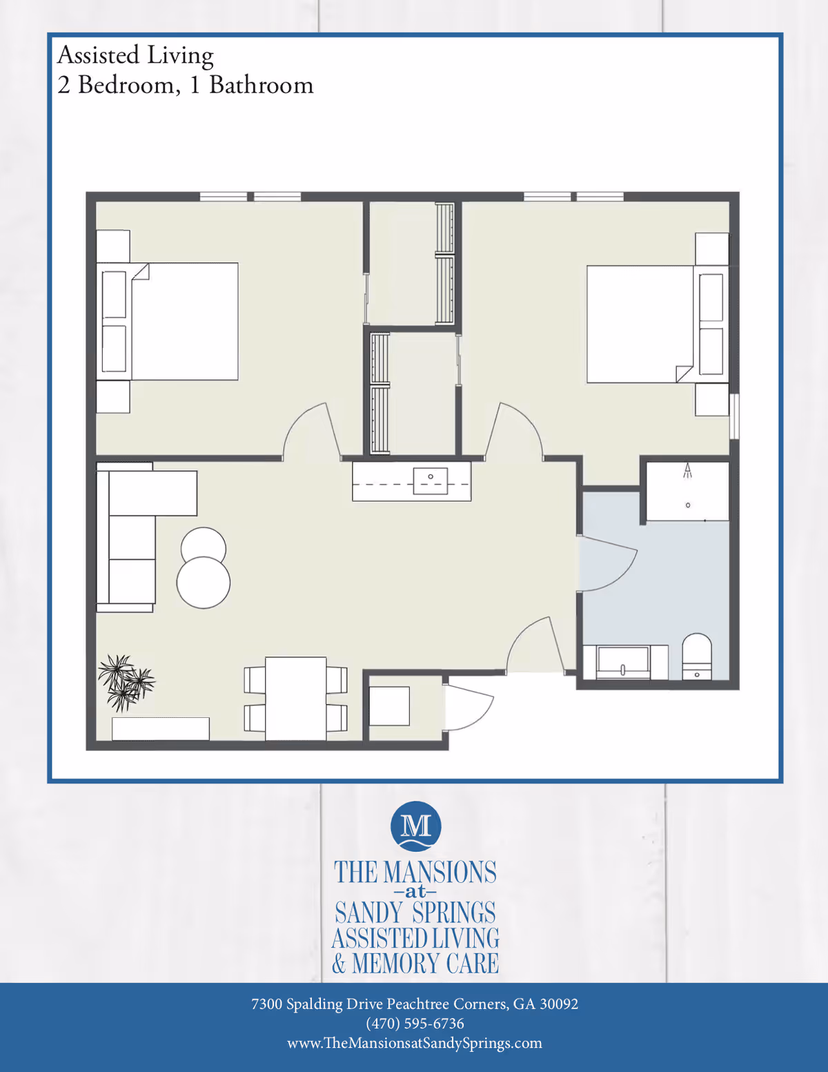 Floor plan of an assisted living unit with 2 bedrooms and 1 bathroom. The layout includes two bedrooms on opposite sides, a bathroom, a living area with a sofa and two round tables, a dining area with a table and four chairs, and a kitchen area with a sink. The floor plan is labeled with the facility name The Mansions at Sandy Springs Assisted Living & Memory Care and contact information at the bottom.