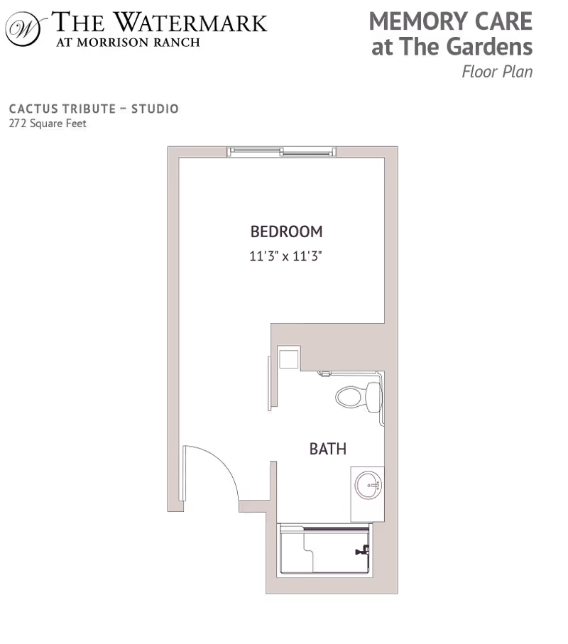 Floor plan diagram of a studio labeled "Cactus Tribute" showing a bedroom area and a bathroom layout.