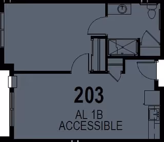 Architectural floor plan of unit 203 labeled AL 1B ACCESSIBLE, showing layout including a bathroom with sink and toilet, a kitchen area with a stove, and other living spaces.