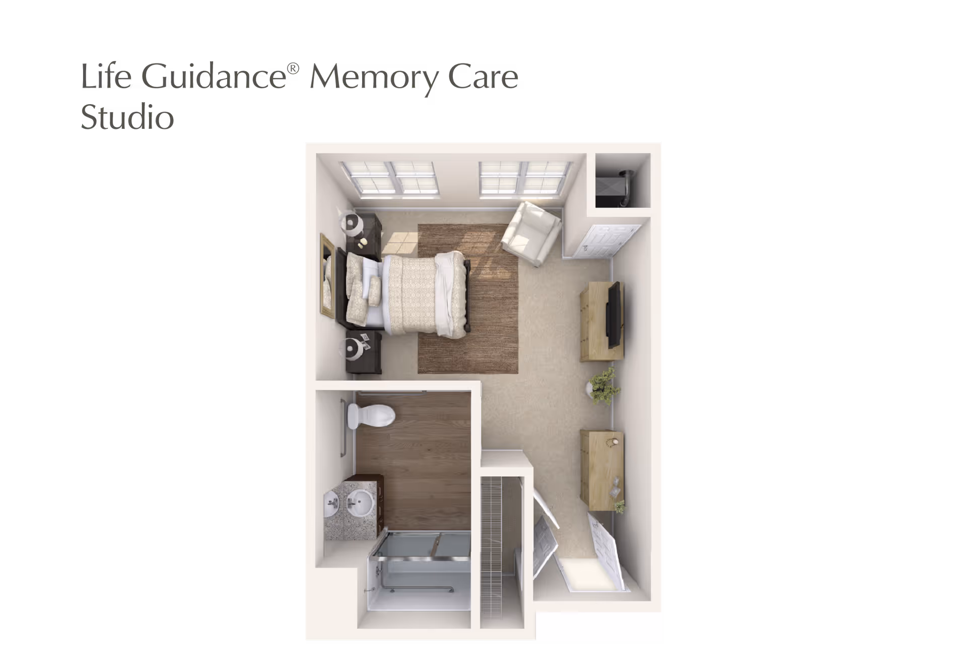 Top-down view of a memory care studio apartment floor plan featuring a bedroom area with a bed, nightstands, and an armchair near windows. The living area includes a TV on a stand and a small table with a plant. The bathroom has a toilet, sink, and shower. There is also a closet space near the entrance.