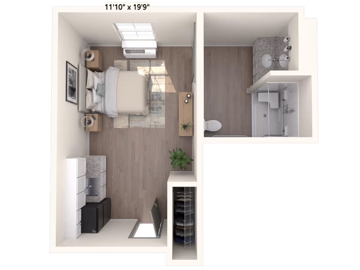 Top-down view of a studio apartment floor plan featuring a bedroom area with a bed, two nightstands with lamps, a window air conditioning unit, a small kitchen with cabinets, sink, and refrigerator, a closet with hanging clothes, and a bathroom with a toilet, sink, and shower.