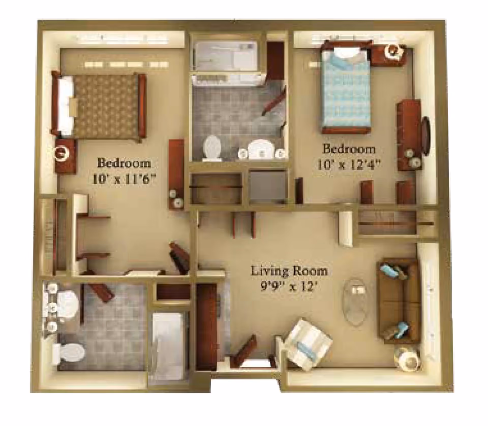 Floor plan of a senior living unit showing two bedrooms, two bathrooms, and a living room. The left bedroom measures 10 feet by 11 feet 6 inches and the right bedroom measures 10 feet by 12 feet 4 inches. The living room measures 9 feet 9 inches by 12 feet. The layout includes furniture such as beds, nightstands, sofas, chairs, and bathroom fixtures.