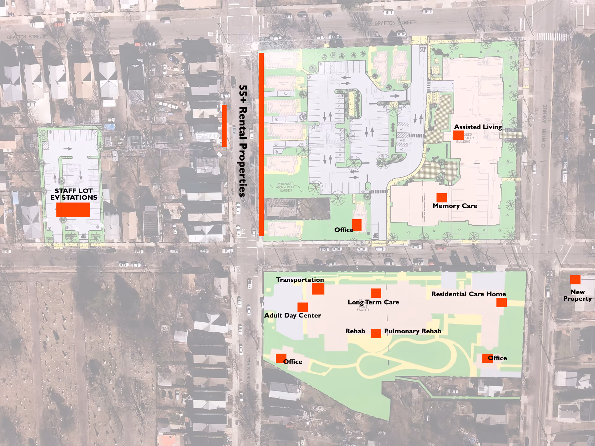 Aerial site plan showing the Mary Wade campus with labeled buildings (Memory Care, Assisted Living, Long Term Care), parking areas, roads, and surrounding houses.