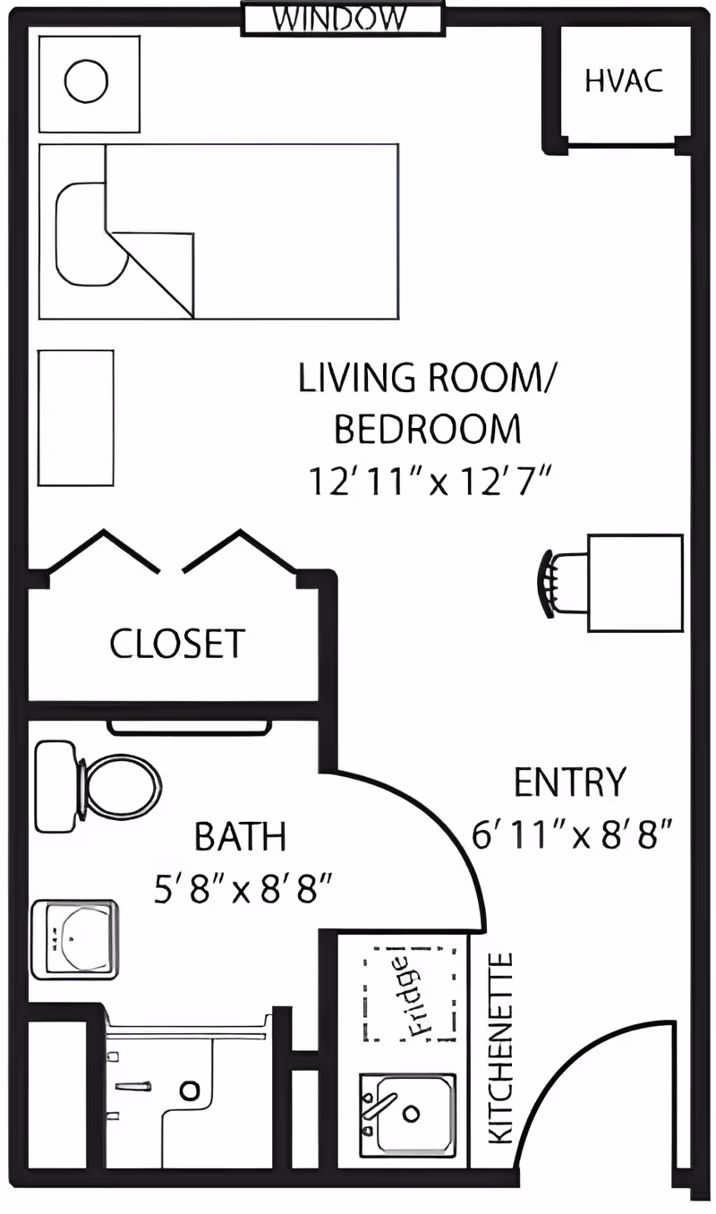 Black-and-white floor plan of a studio labeled Living Room/Bedroom (12 feet 11 inches x 12 feet 7 inches) showing a kitchenette, bath, closet, entry and HVAC.