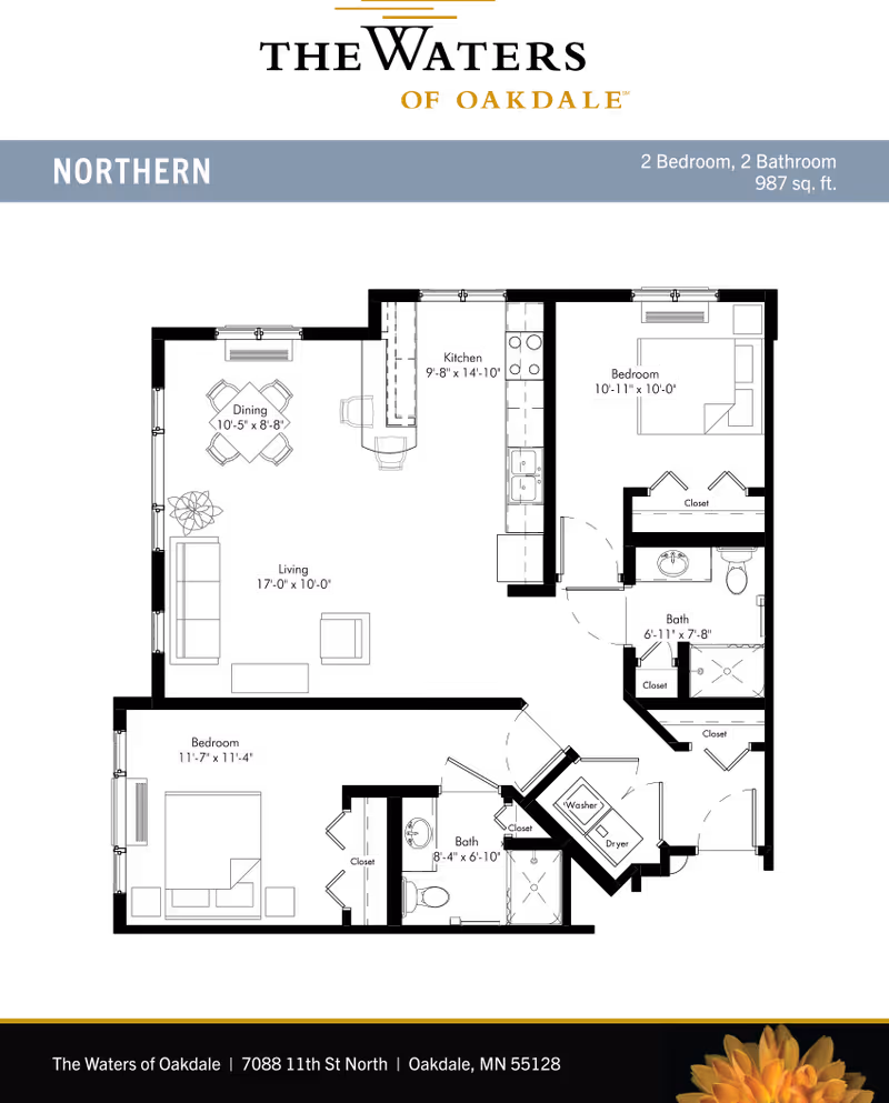 Black-background floor plan titled 'Northern' showing a 2-bedroom, 2-bathroom apartment layout with room labels and measurements.