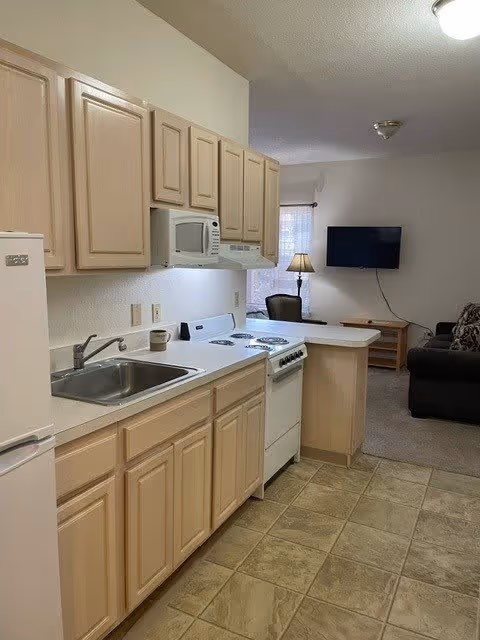 A small kitchen area with beige cabinets, a white refrigerator, a sink, a microwave, and a stove. The kitchen opens into a living room with a dark sofa, a wooden TV stand, a flat-screen TV mounted on the wall, and a lamp on a side table near a window with curtains.