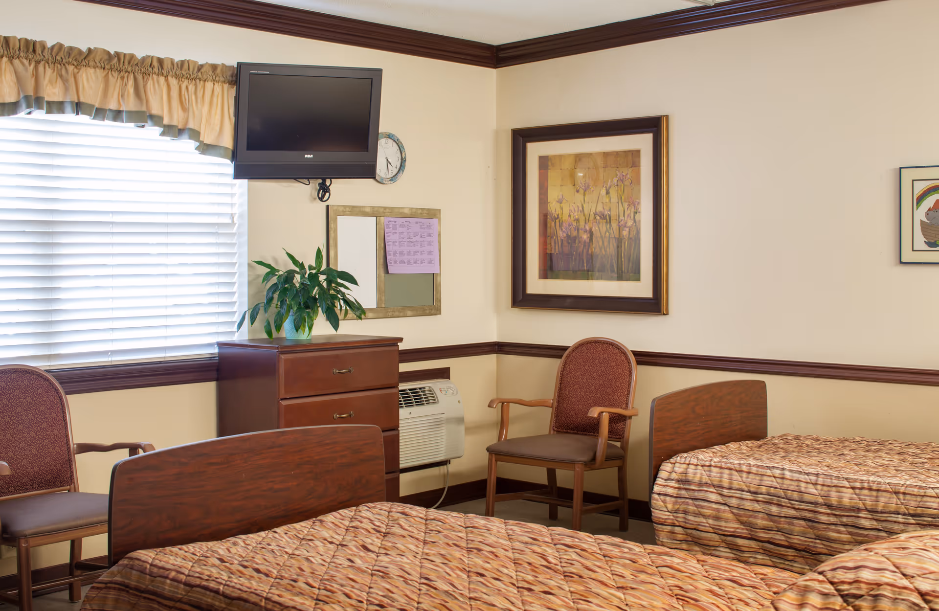 A senior living facility bedroom with two beds covered in patterned bedspreads, two wooden chairs with padded seats and backs, a wooden dresser with a potted plant on top, a wall-mounted flat screen TV, a clock, and framed artwork on the walls. A window with blinds and a valance lets in natural light.