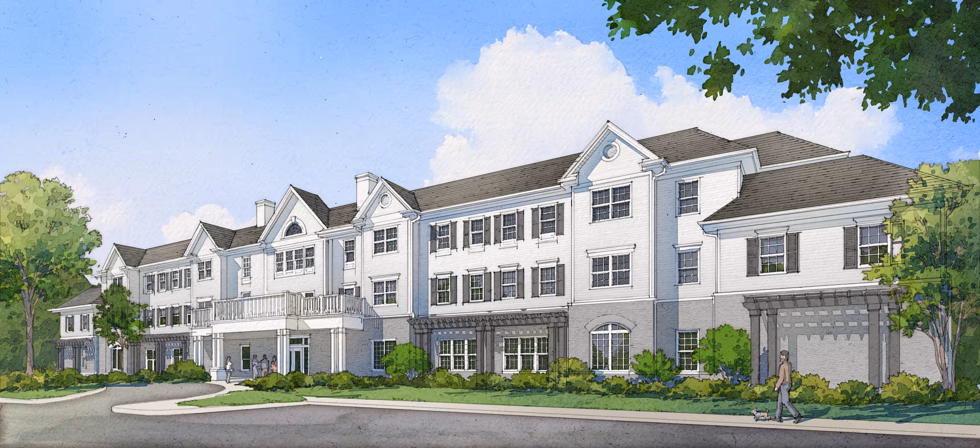 Illustration of a large, three-story senior living facility building with white siding and gray roof, surrounded by greenery and trees under a blue sky with clouds. People are seen walking near the entrance and on the sidewalk.