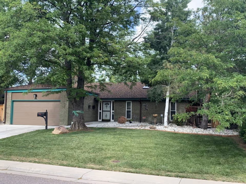 Front exterior view of a single-story brick house with a brown garage door, a driveway, a mailbox, and a well-maintained green lawn. Several large trees and shrubs surround the house, providing shade and greenery.