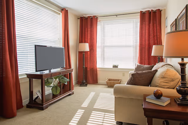 Sunlit living room with a sofa, TV on a wooden stand, red curtains, lamps, and a side table.