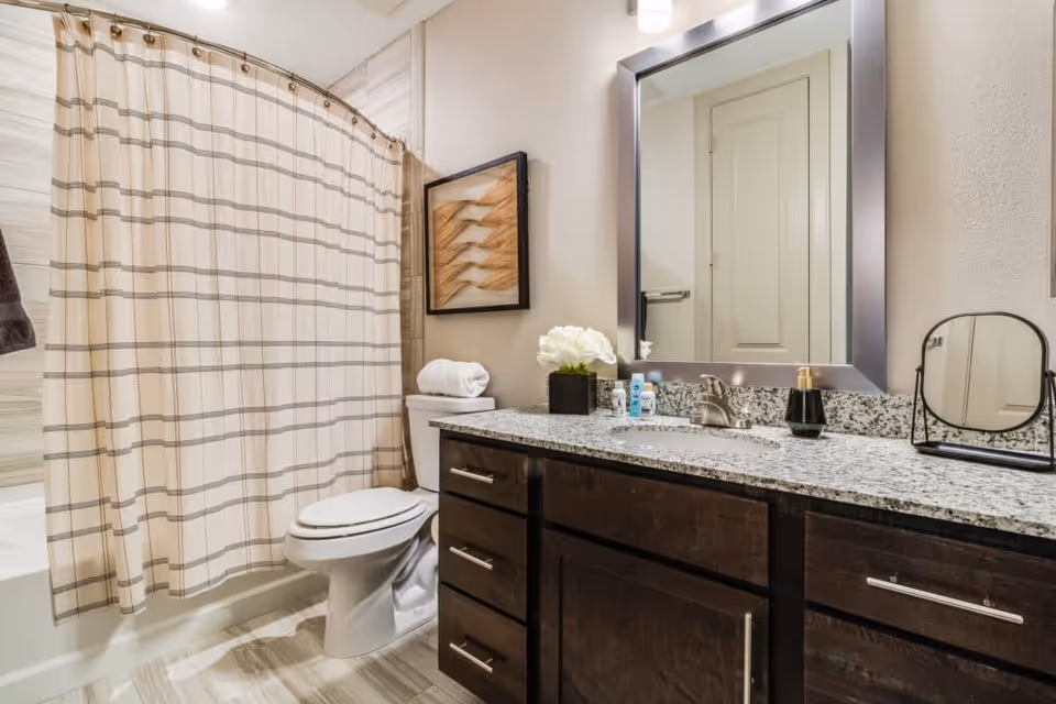 Well-lit bathroom with a shower-tub behind a striped curtain, a toilet, and a granite-topped vanity with dark cabinets and a large mirror.