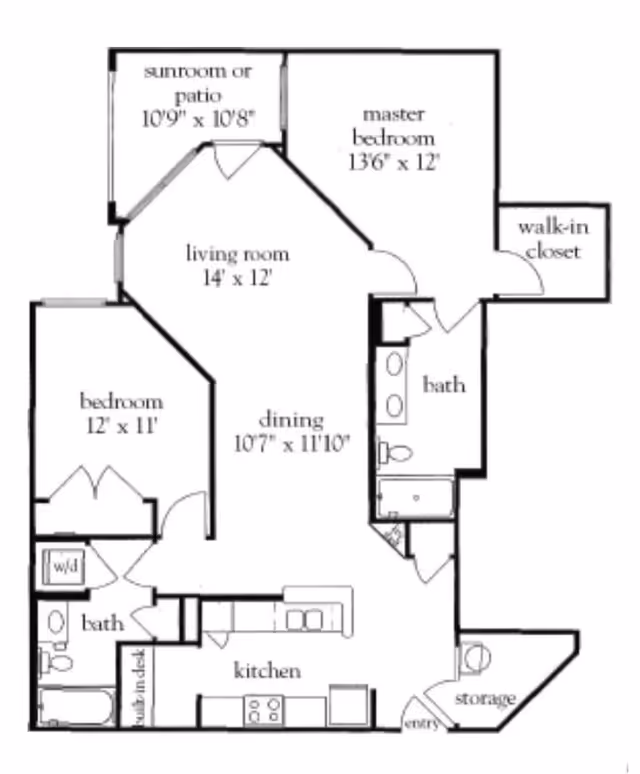 Architectural floor plan of a residential unit showing a master bedroom with walk-in closet, a second bedroom, two bathrooms, a kitchen, dining area, living room, sunroom or patio, storage, and entry area.