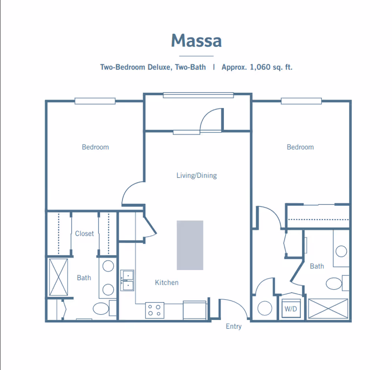 Floor plan of a two-bedroom, two-bath deluxe apartment named Massa, approximately 1,060 square feet. The layout includes two bedrooms, two bathrooms, a kitchen, a living/dining area, closets, an entry, and a washer/dryer area.