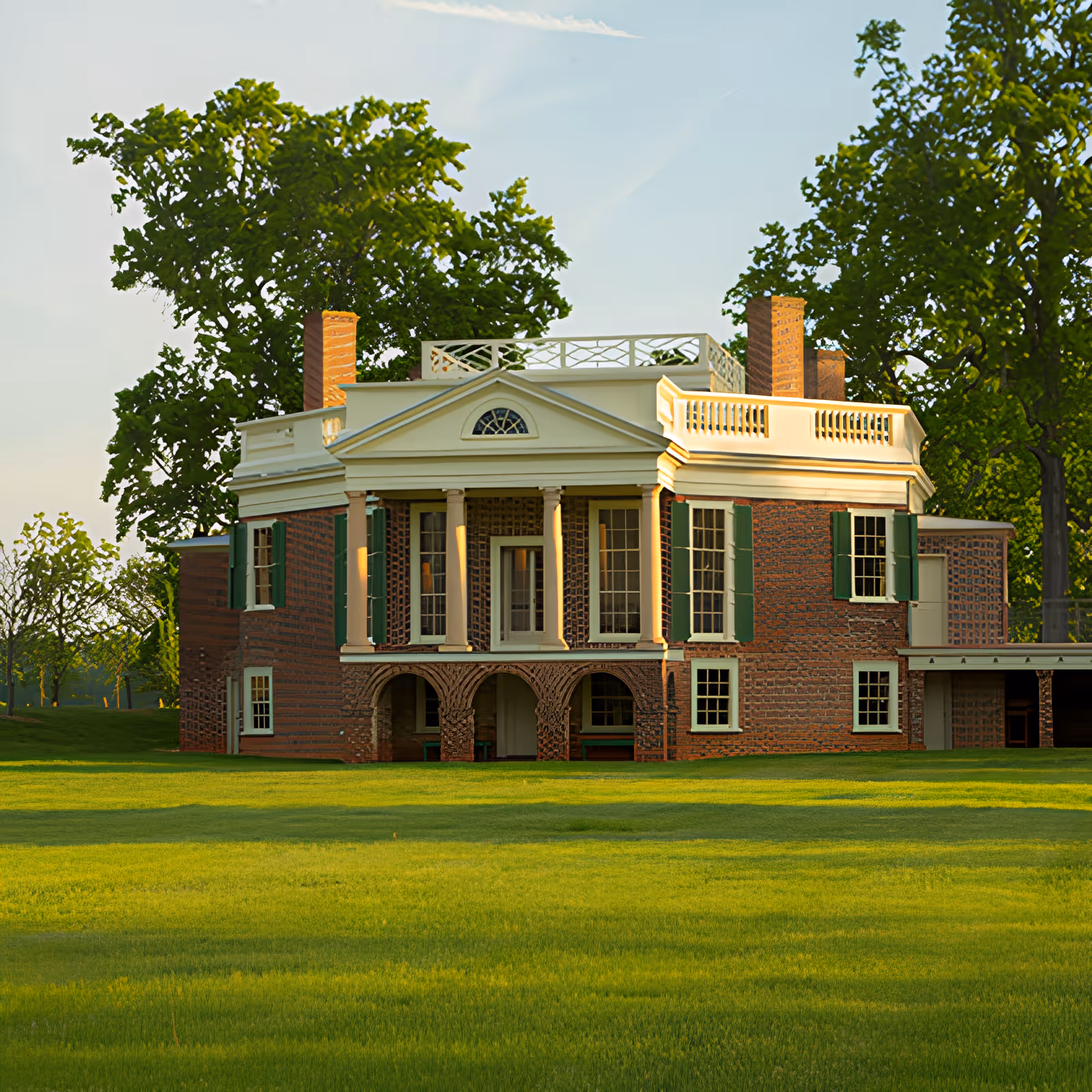 A large historic brick building with white columns and green shutters, surrounded by a well-maintained grassy lawn and tall trees under a clear sky.