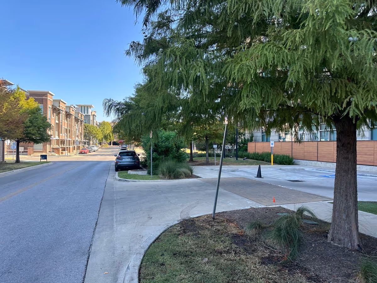 Tree-lined street with parked cars and low-rise brick buildings under a clear blue sky.
