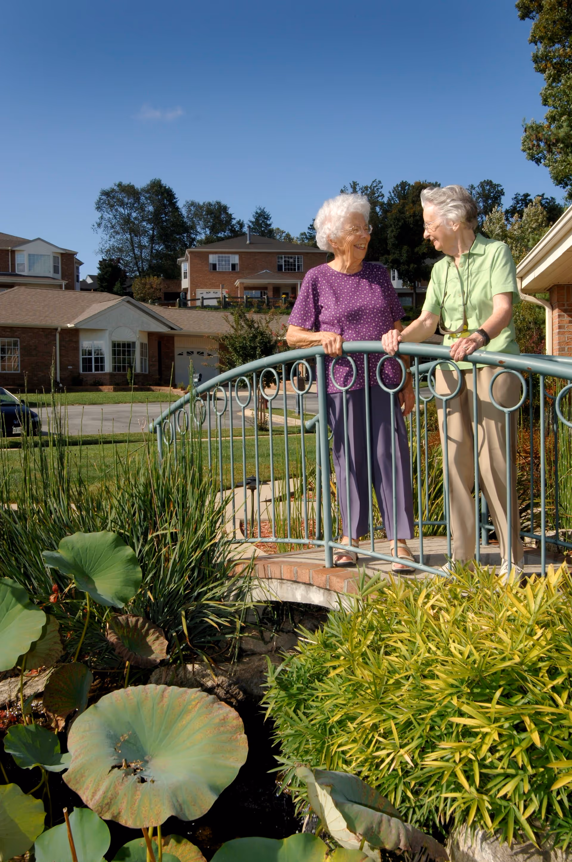 Two elderly women standing on a small decorative bridge over a pond with large green lily pads and plants, smiling and talking to each other. In the background, there are residential houses, trees, and a clear blue sky.